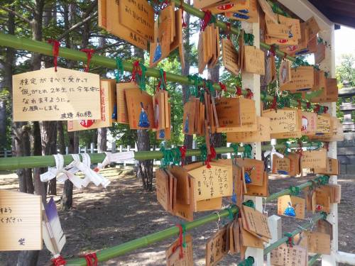 Shinto worshippers write their prayers and wishes onto these small wooden blocks, known as Ema (絵馬), and leave them hanging in the shrine for the spirits.